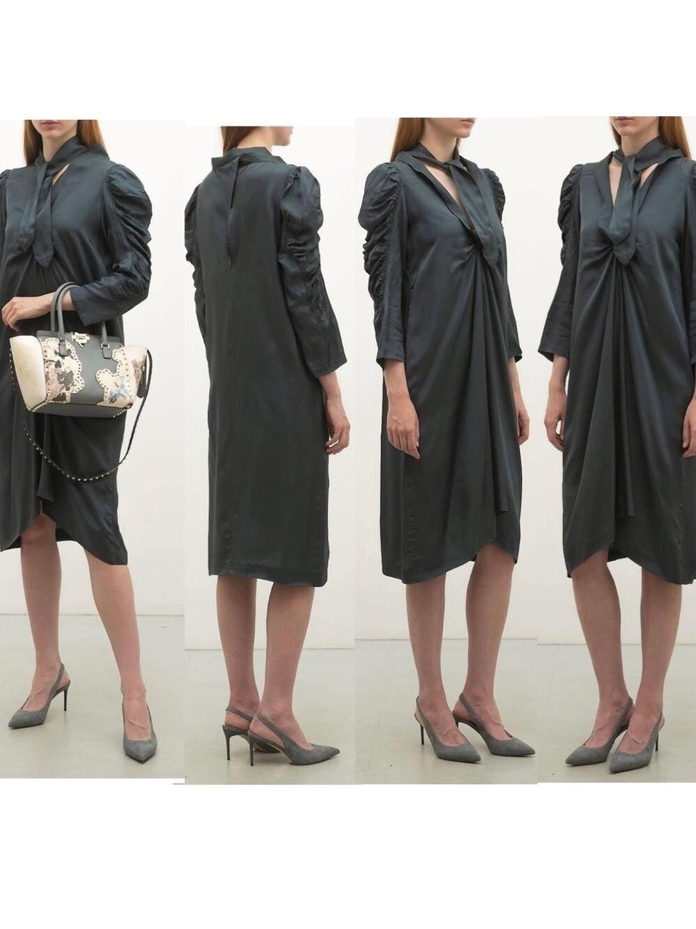 Dries Van Noten teal gray long sleeve ruched gathered front neck tie midi dress